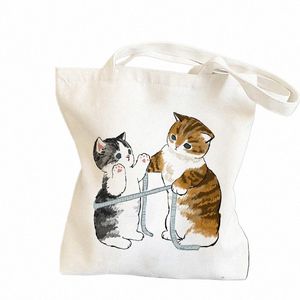 Carto sevimli kedi harajuku yeniden kullanılabilir alışveriş tuval çanta kız çanta çanta tote omuz bags kadınlar dükkan çantası m2tn#