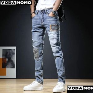 Jeans masculinos 2023 homens calças rasgadas elegantes roupas de jeans retas de jeans de jeans da moda de calça skinny pantalones hombre 240122 drop de dh7iw