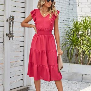 Lässige Kleider Mode -Sommertops elegante Outfits Holzohr mit ärmellosen v Hals Taille Faltenkleid formelle Anlässe