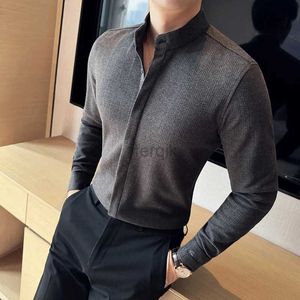 Camisas casuais masculinas para homens de alta qualidade outono inverno lixamento quente masculina camisa social stand colar roupas de ajuste slim 4xl-m 24416