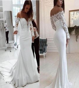 2021 Modest New Lace Appliques Mermaid Wedding Dresses Off Shoulder Sheer Bateau Neckline See Through Button Back Cheap Bridal Gow3748364