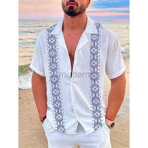 Mäns casual skjortor mode nya herrskjorta hawaiian geometriska tryck kuba krage vit kort ärm plus storlek högkvalitativ kappa 240417