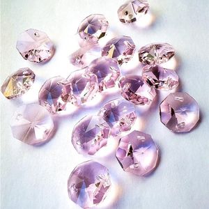 Ljuskrona kristall (gratis ringar) 100st toppkvalitet 14 mm rosa färg K9 octagon pärlor i 2 håls glitter glas ljus lampan tillbehör