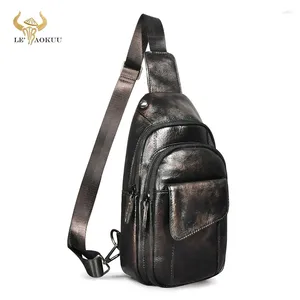 Waist Bags Genuine Real Leather Men Coffee Retro Travel Triangle Chest Sling Bag Design 8" Tablet One Shoulder Strap Daypack Male 8013