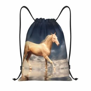 Turkmen Achal Teke Horse Draw String Bags Männer Frauen tragbare Fitnessstudio Sport Sackpack Golden Horses Shop Rucksäcke O7W2#