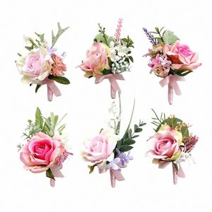 Yo Cho Boutnire Wedding Corsages and Boutnieres Pink Roses Silk Frs Boutnieres Groom Mężczyzna Małżeństwo ślubne Acries 59mr#