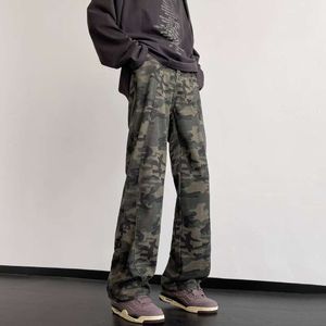 Kamouflage jeans män och hösten trendiga varumärke amerikansk high street vibe stil mode trend lös och mångsidig raka benbyxor