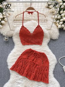 SINGREINY Beach Suits Women Halter Sexy Backless CamisoleHook Flower Hollow Out Skirt Vacation sweet Knitted Two Pieces Sets 240409