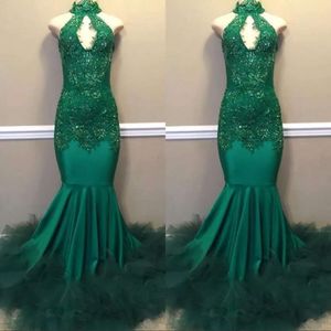 Green Mermaid Dark African Prom klär sig ny golvlängd Sequined High Neck Backless Formal Evening Dress Pageant Party Gowns