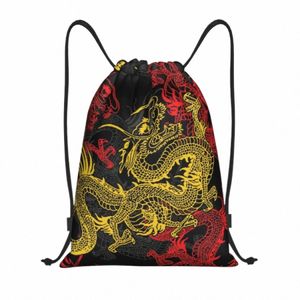 custom Golden Chinese Drag Pattern Drawstring Bags Men Women Lightweight Oriental Mythical Sports Gym Storage Backpack u2Lc#