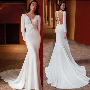 Mermaid Wedding Simple Dresses Deep V Neck Long Sleeve Satin Bridal Gowns Illusion Back Floor Length Floral Applique Bride Dress Ves De Novia Custom Made