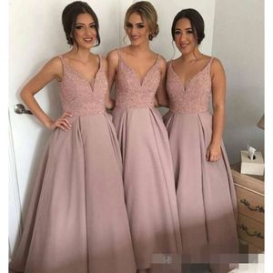 Tozlu Pembe Nedime Elbiseleri V Boyun Spagetti Kayışları Boncuklu Saten Zemin Uzunluğu Onur elbisesi Özel Yapımı Düğün Konuk 401