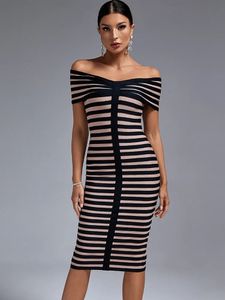 Midi Bandage Dress Women Off Shoulder Party Bodycon Elegant Striped Sexy Birthday Evening Outfits Summer Runway 240410