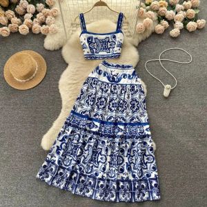 Jamerary Summer Runway Blue and White Porcelain Tvåverk Set Women Flower Print Short Crop Top Holiday Beach Maxi kjoldräkter