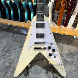 China Electric Guitar Flying V Style Mahogny Body and Neck Hand Made Cream Yellow Color Right