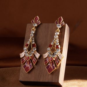 New Design Middle aged earrings diamond vintage earring red pink enamel earrings gemstone inlay long ear studs PH-888