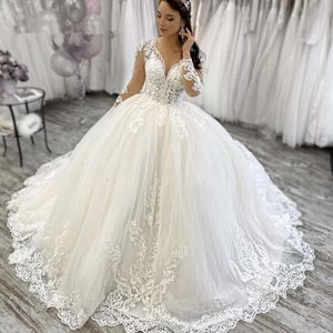 Arabischer Stil eine Linie Hochzeitskleider mit langen Ärmeln Elfenbein Spitze Sweep Zug Garten Country Bridal Party Kleider Vestidos de noiva