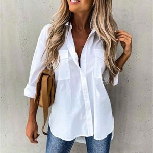 Women's Blouses White Black Loose Women Shirt Turn-Down Collar Single Breasted Long Sleeve Flap Pockets Side Split Casual Female Clothing