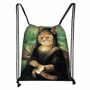 Cosplay de gato engraçado Ma Lisa Bolsa Drawtring Bag Rucksack Mulheres Bolsas de Viagem Backpack Bolsa de Armazenamento Meninas Bolsa de Livro de Livros de Aluno L2GS#