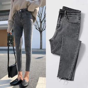 Frauen Jeans Frau Hosen blau grau Jeans hohe Taille Dehnungs dünne Knappentalones Vaqueros Mujer