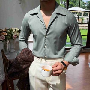 PO4E Herren lässige Hemden Sommer Falten resistant Vogelscheck dunkler kubanischer Kragenhemd Männer Business Britischer Trend Tuxedo 24416