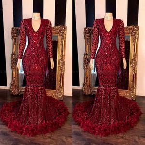 Prom Red Mermaid Dresses Deep V Neck Long Sleeve Ruffles spetspärlor Kvällsklänningar Vestido de Fiesta Formell tävlingsklänning Estido