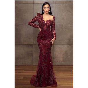 Arabic Aso Luxurious Ebi Dark Red Evening Dresses Beadings Sheer Sleeve Illusion Tulle Satin Long Party Ocn Gowns Formal Vestidos Prom BC