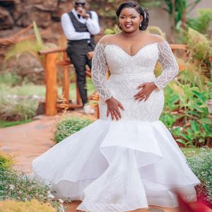 2024 Arabiska ASO EBI Plus Size White Mermaid Wedding Dress Beaded Paljett Lace Vintage Brudklänningar Klänningar ZJW02