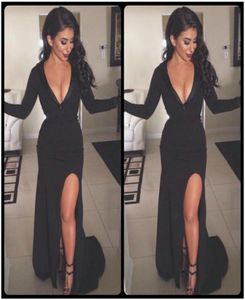 2020 Sexy Black Evening Dresses with Deep V Neckline Long Sleeves Floor Length Front Split robe de soiree longue3212659