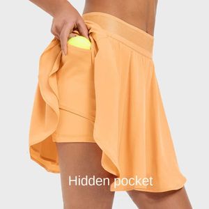 Rikta False Lu Sidan Inbyggd ficka 2 stycken Tennis kjol Summer Running Shorts Cool Tyg Cooling Dry Yoga Short Women Ing Lemon Gym Ru