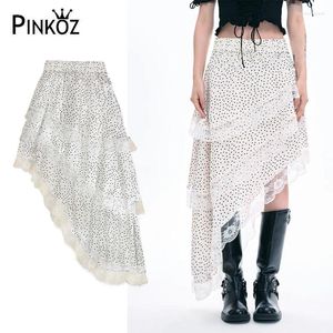 Röcke Pinkoz Designer Polka DPT Patchwork Spitze unregelmäßiger Midi Elastic Taille High Fashion Streetwear Rock für Femme Vintage