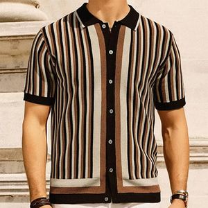 Camisas casuais masculinas vintage abotoando lapela listrada para homens verão slim knit cardigãs camisa de seda de seda de gelo