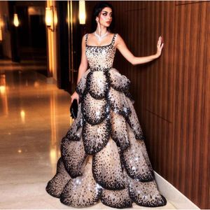 Elegant Sequin Dubai Lace Evening Dresses Sparkly Scoop Neck Tiered Ruffles A Line Women Party Formal Gowns BC