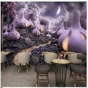 Wallpapers Purple Fantasy Hand Painted Vegetable Big Tree Restaurant Supermarket Fruit Shop Background Wall 3d