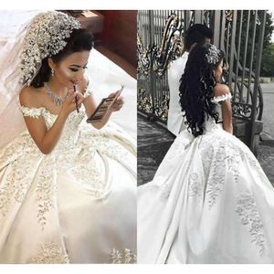 Satin Ball Dresses With Straps Lace Applique Beaded Sweep Train Off The Shoulder Custom Made Wedding Birdal Gown Vestido