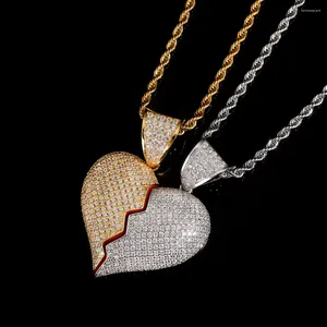 Pendanthalsband 1/8/K Finish Solitaire Iced Out Broken Heart Charm med repkedja för par lyxiga smycken Hip Hop