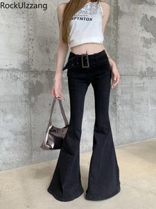 Women's Jeans Flare With Belt Black Denim Pant Long Trouser Bootcut Bell Bottom Y2k Pants Korean Fashion Women Jean