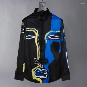 Men's Dress Shirts Luxury Graffiti Face Business Casual Men Silk Slim Long Sleeve Shirt High End Banquet Social Party Tuxedo Blouse