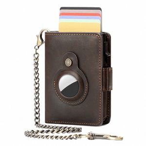 humerpaul AirTag Pop-up Card Holder Purse RFID Protect Credit Cardholder Crazy Horse Leather Men's Wallet with Chain Coin Pocket i2yZ#