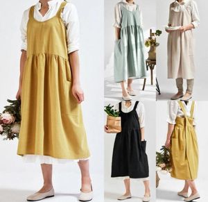 Women Cotton Linen Bib Apron Sleeveless Pinafore Home Cooking Florist Dress1027327