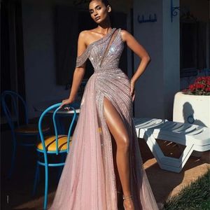 Off Shoulder Elegant Long Prom Dresses Full Beaded For Arabic Women Sexy Front Split Formal Evening Pageant Gowns Robe De Soiree mal
