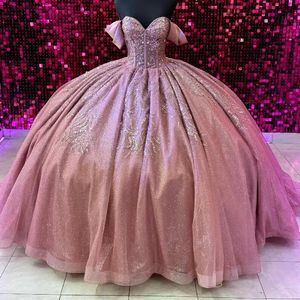 Luxury rose Pink Shiny Quinceanera Dresses 2024 Beads Crystal Tull Sweethear Princess Sweet 15 16 Year Birthday Party Gown Gift vestidos de 15