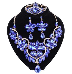 Die neuen blauen Kristall -Strass -Blumen -Halskette Ohrringe für Frauen Hochzeit Luxus Brautschmuck Sets1023796