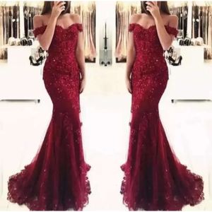 Bury Lace Mermaid Appliques Off The Shoulder Beaded Sequins Long Prom Gowns Evening Dresses Cheap Wear Bm0449