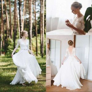 Country -Kleider Chiffon überbacken V Hals halbe Ärmel Spitze Perlen Schärpe Kristalle Gewohnte Hochzeitskleid Vestidos Estidos