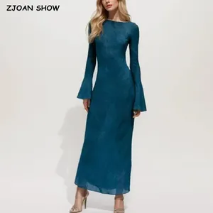 Casual Dresses 2024 Women Blue Tiedye Print Crew Neck Long Flare Sleeve Maxi Dress Sexy Slim Waist Ankle-length Robe