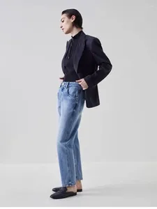 여자 청바지 여성은 주머니로 파란색으로 파란색으로 느슨한 Zipeer High Waist Ladies Ol Straight Denim 바지