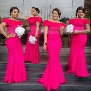 Pink Satin Hot Mermaid Bridesmaid Dresses Ruffles Off Shoulder African Women Long Wedding Party Dress Vestidos Dama De Honor