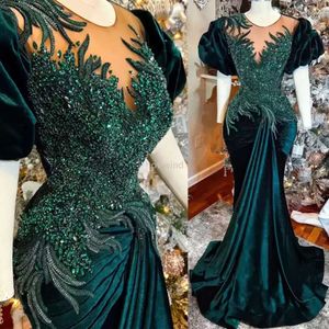 Aso Ebi Arabic Dark Green Mermaid Prom Dresses Beaded Crystals Veet Evening Formal Party Second Reception Birthday Engagement Gowns Dress Plus Size