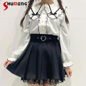 Blouses feminina Japanesa Rojita Mine Series Missa Produção Sailor Collar Bow Ruffled Sweet fofo de manga comprida Blusa da camisa